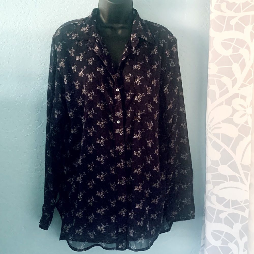 Denim & Supply Ralph Lauren Boyfriend Gray & White Floral Blouse Size Large